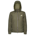 Olive green hooded insulated jacket with a full front zipper, a diagonal zippered chest pocket, and a light-colored logo on the left chest.