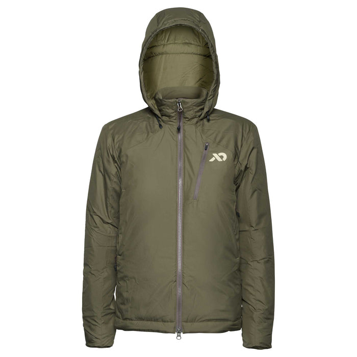 Olive green hooded insulated jacket with a full front zipper, a diagonal zippered chest pocket, and a light-colored logo on the left chest.