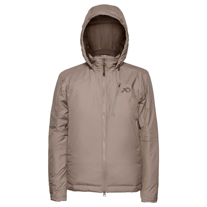 Tan hooded jacket with a full front zipper and a zippered left chest pocket.