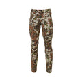 Camouflage hunting pants in brown, green, and tan tree pattern, featuring cargo pockets and orange brand stitching.