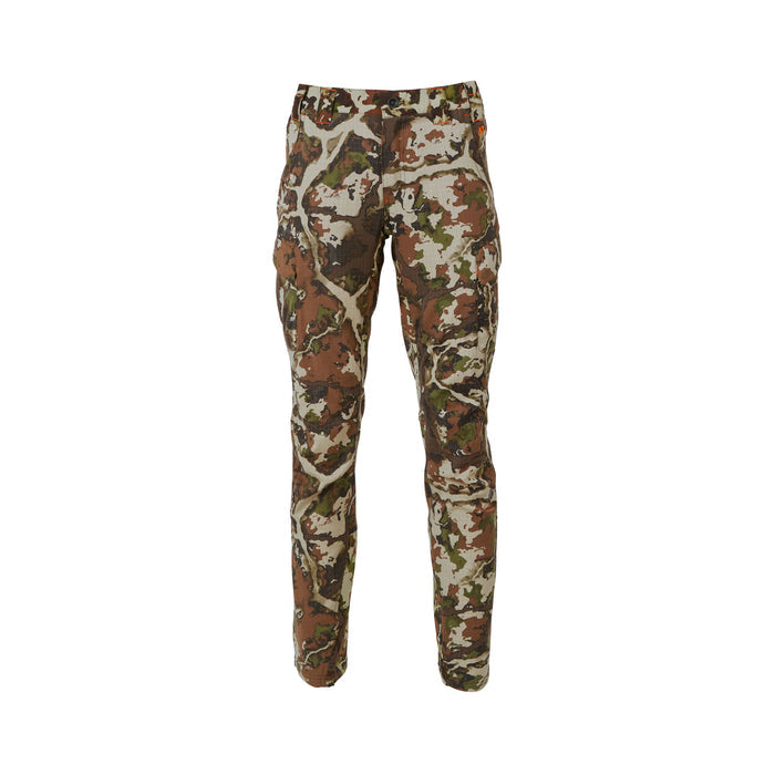 Camouflage hunting pants in brown, green, and tan tree pattern, featuring cargo pockets and orange brand stitching.