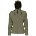 Olive green hooded softshell jacket with a full-zip front and multiple zippered pockets.
