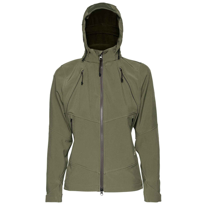 Olive green hooded softshell jacket with a full-zip front and multiple zippered pockets.