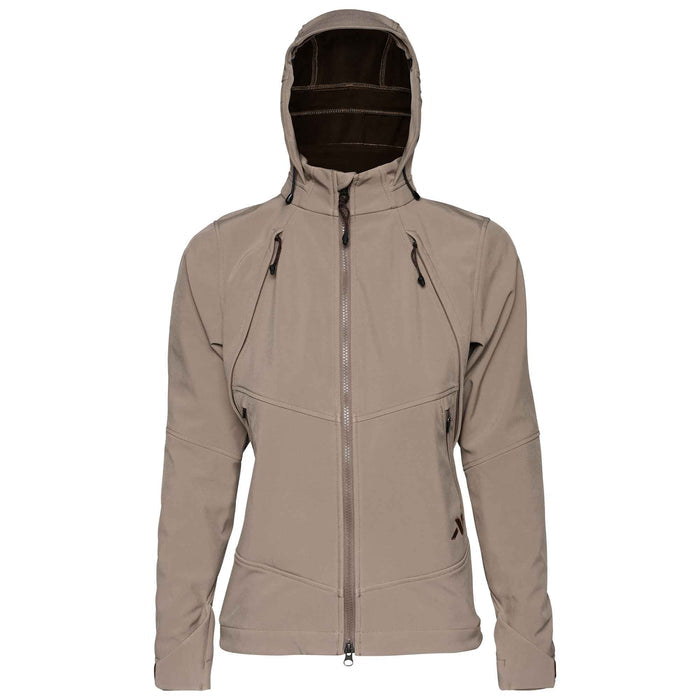Light taupe hooded jacket with full front zipper and zippered chest, hand, and left sleeve pockets.