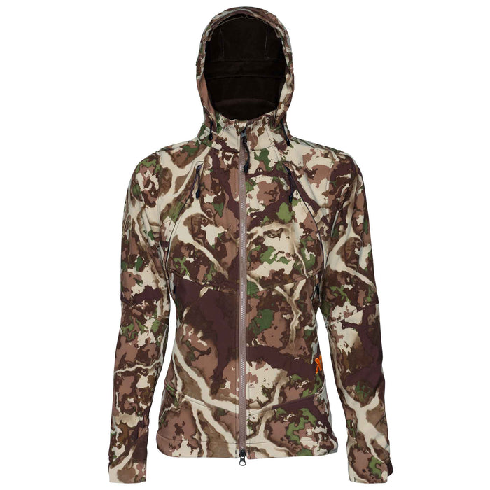 A brown, green, and tan camouflage hooded jacket with a full front zipper, zippered chest pockets, and an orange sleeve logo.