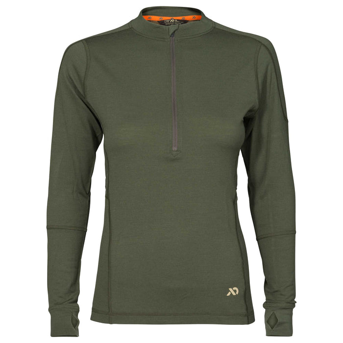 Dark olive green long-sleeve quarter-zip top with thumbholes, flatlock seams, and a brand logo on the lower left.