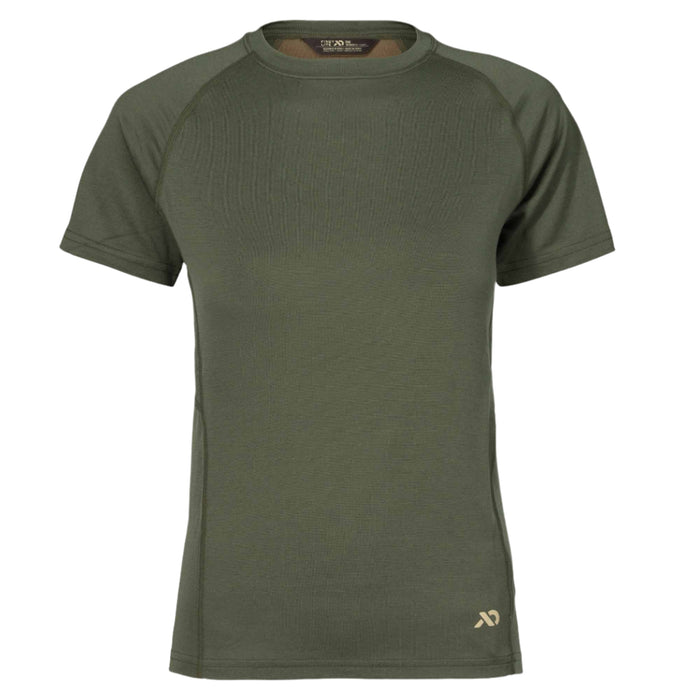 Dark olive green short-sleeve crew neck t-shirt with raglan sleeves, subtle textured fabric, and a small tan logo on the lower right.