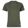 Dark olive green short-sleeve crew neck t-shirt with raglan sleeves, subtle textured fabric, and a small tan logo on the lower right.