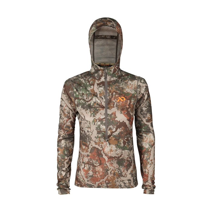 A hooded long-sleeve quarter-zip shirt in a tan, brown, green, and orange camouflage pattern, featuring an orange logo on the left chest.