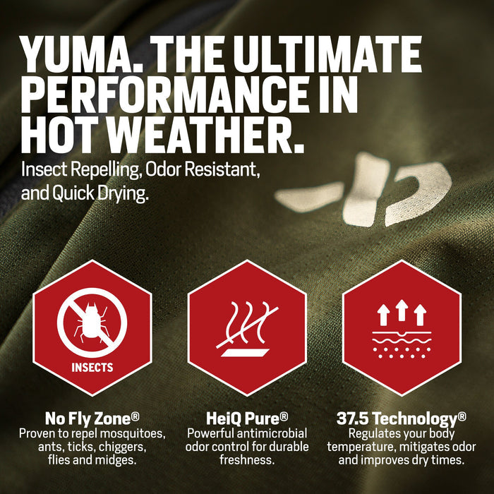 Olive green textured performance fabric with a white logo, featuring red hexagonal icons that represent its insect-repelling, odor-resistant, and quick-drying properties.