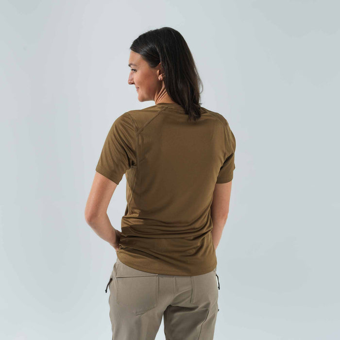 Dark olive short-sleeve t-shirt with raglan sleeves and a round neck, modeled from the back.