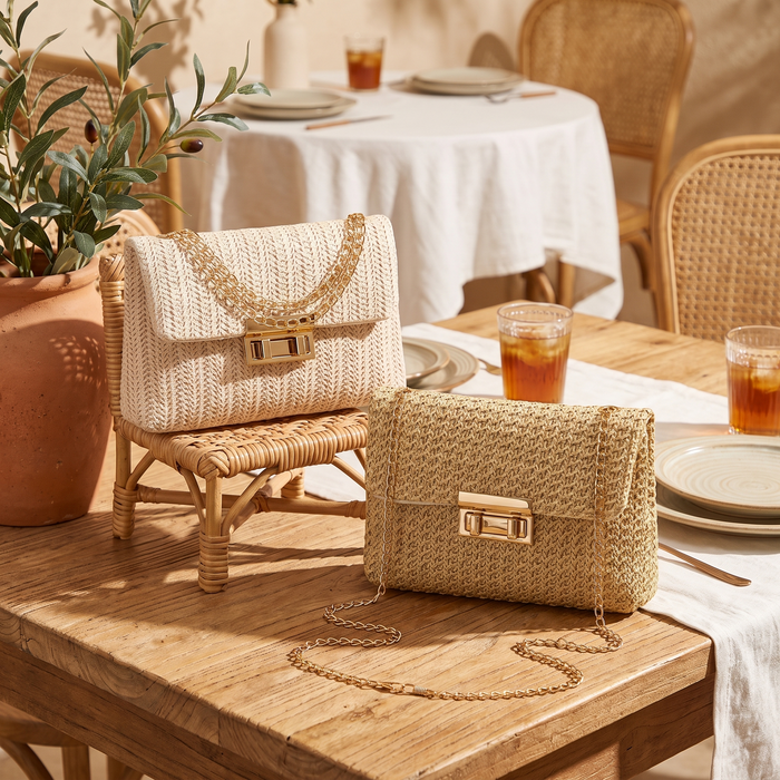 Woven Straw Handwoven Women's Shoulder Bag, Fashion Solid Color Crossbody Purse with Lock Closure