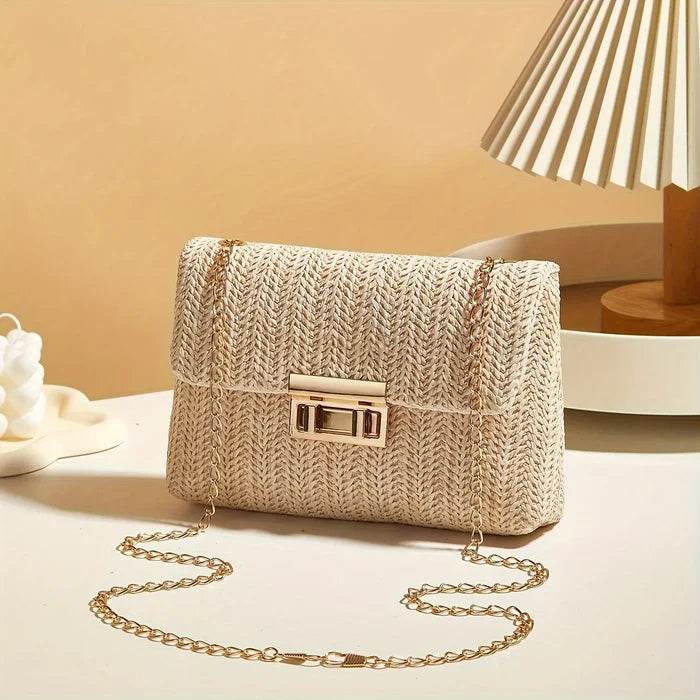 Woven Straw Handwoven Women's Shoulder Bag, Fashion Solid Color Crossbody Purse with Lock Closure