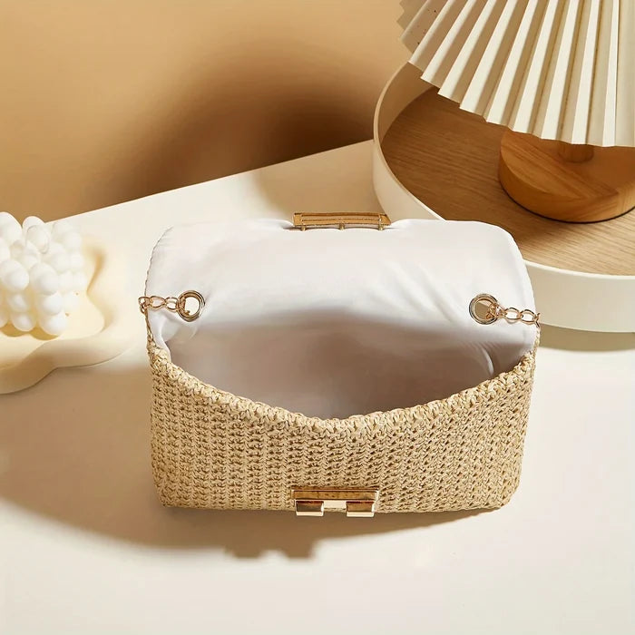 Woven Straw Handwoven Women's Shoulder Bag, Fashion Solid Color Crossbody Purse with Lock Closure